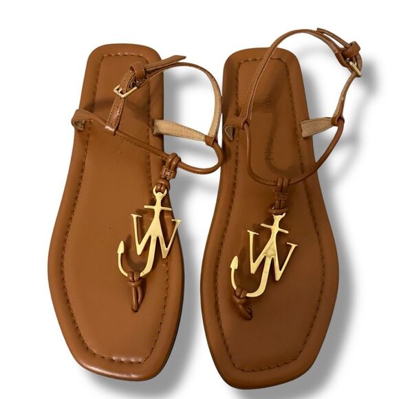 JW Anderson Pecan Leather Logo Flat Sandals Square Toe Buckle EU 37 US 6.5